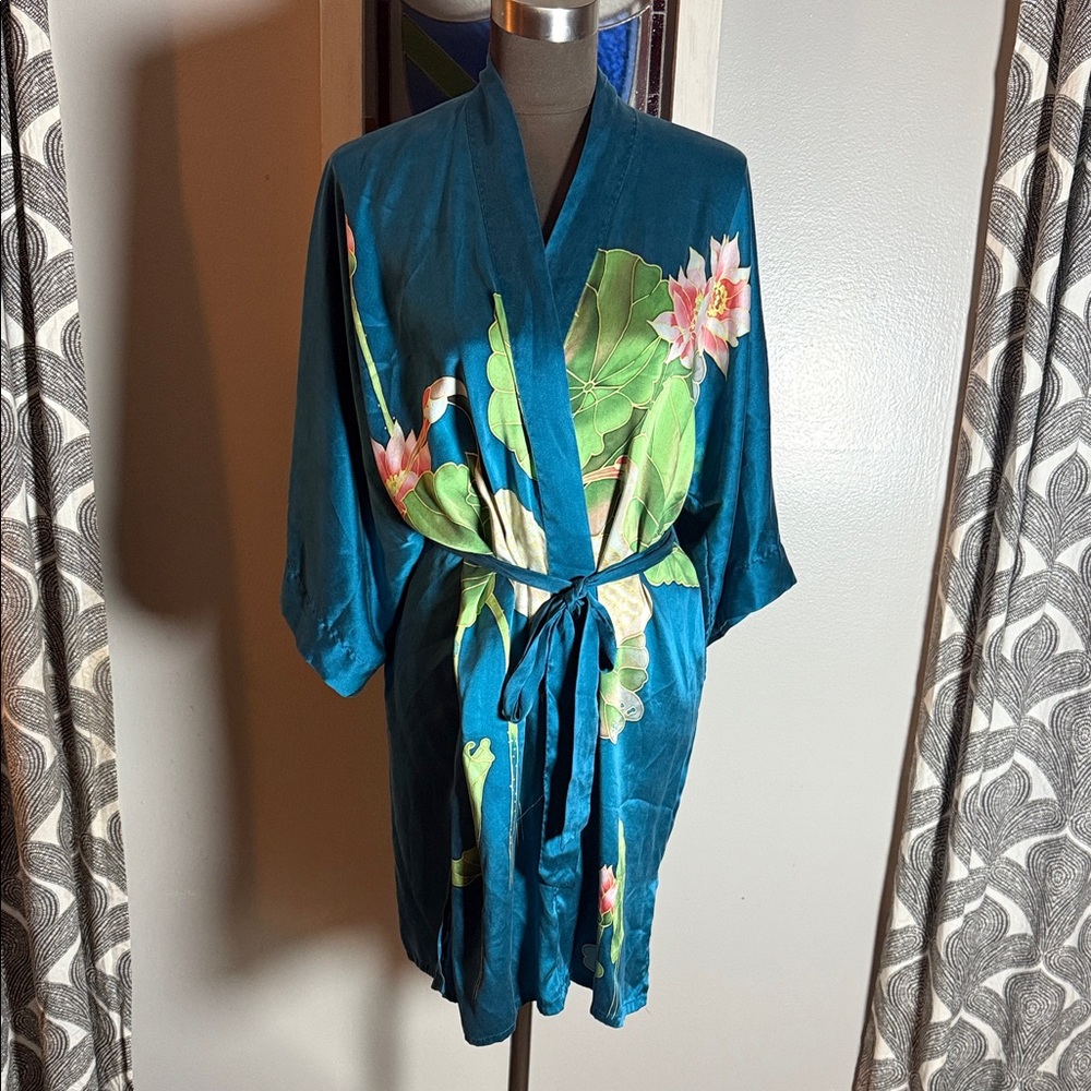 100% Silk Vintage Floral Teal Women's Robe